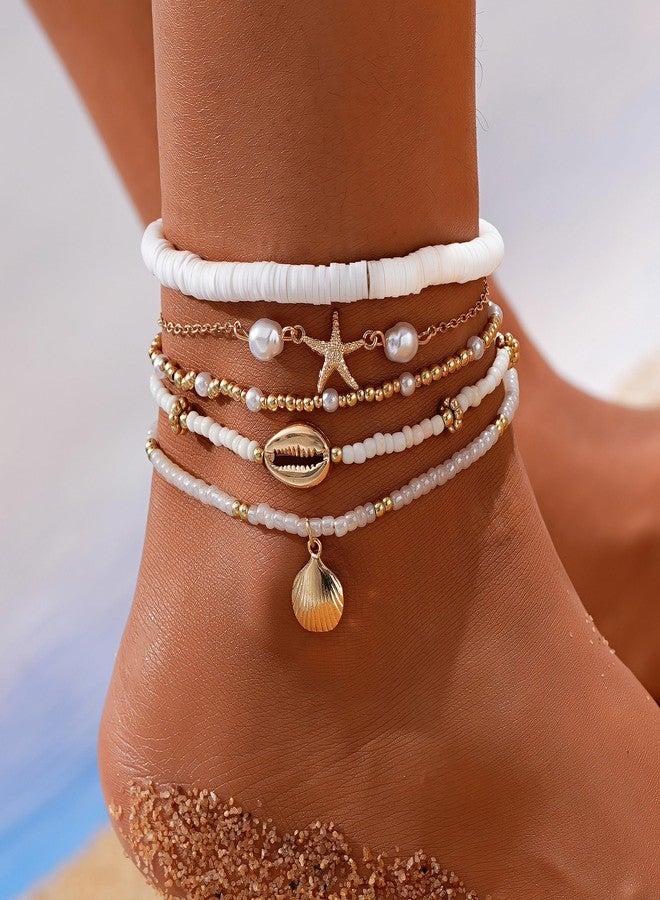 Shall Shell Boho Shell Ankle Bracelet Set for Women, 5 Pairs 14K Boho Bead Handmade Adjustable Anklet, Hawaiian Beach Seashell Starfish Foot Jewelry Gifts - Image 2